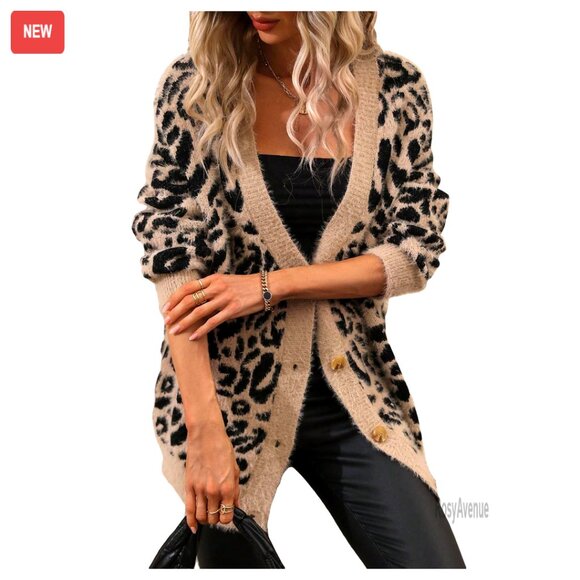 Oversized Fuzzy Cardigan V-Neck Button Front Long Sleeve Medium Stretch